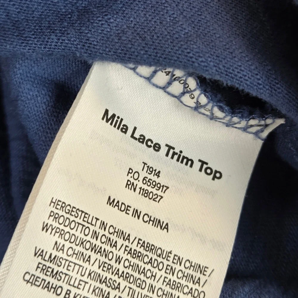 Boden Mila Lace Trim Top Blue Slub Cotton Women's Size 8